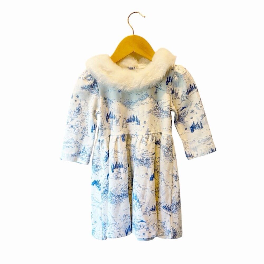 Disney x Janie and Jack Frozen Toile Faux Fur Dress Girls Size 4 Blue White